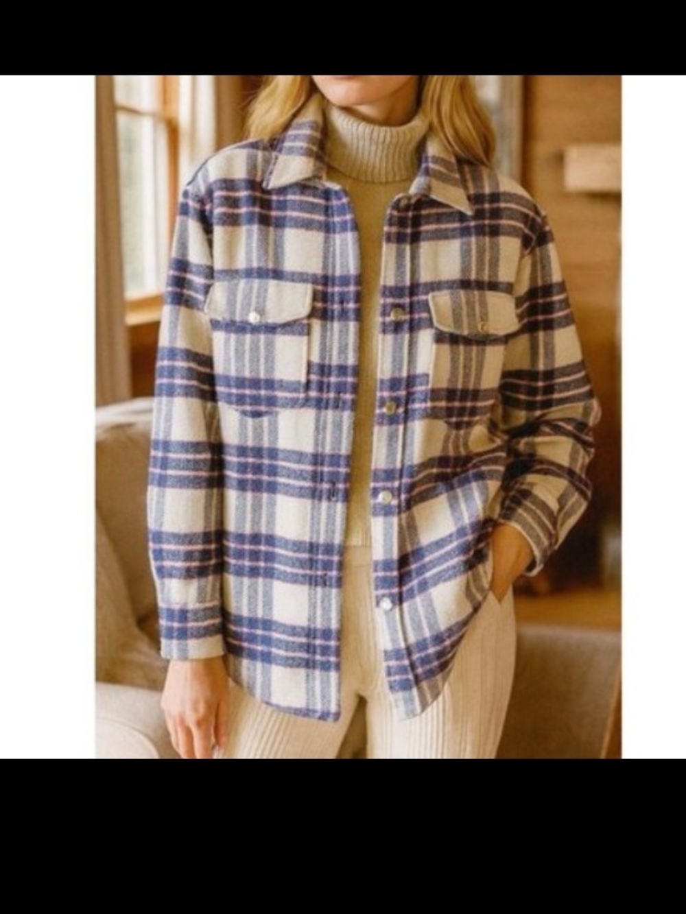 Joie Wool Blend Cream and Blue Plaid Utility Shacket